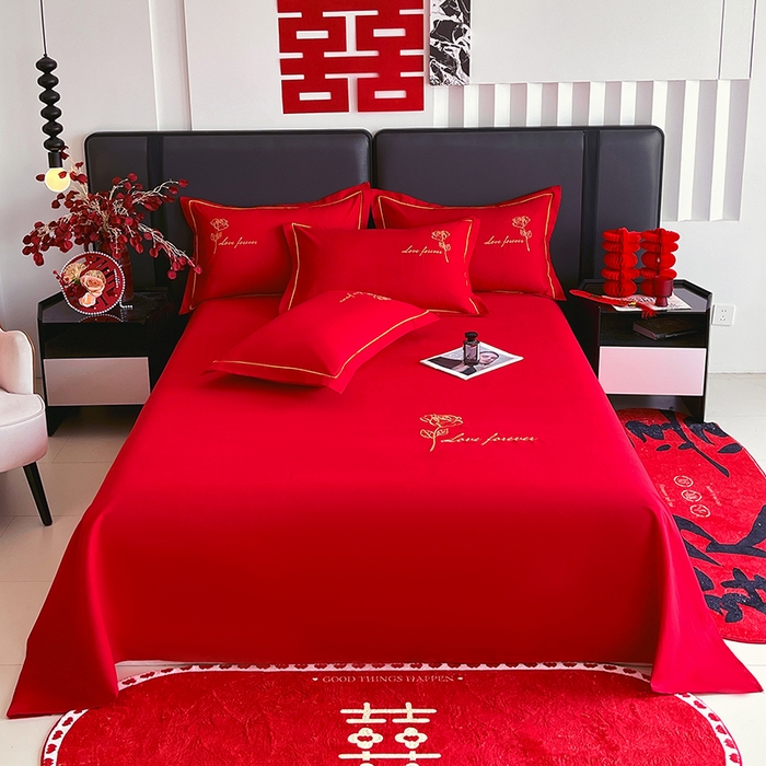 艾橙家纺 2025新款大红云朵棉刺绣婚庆系列单床单床单单件 花开并蒂