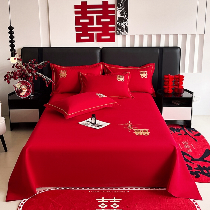 艾橙家纺 2025新款大红云朵棉刺绣婚庆系列单床单床单单件 吾家有喜