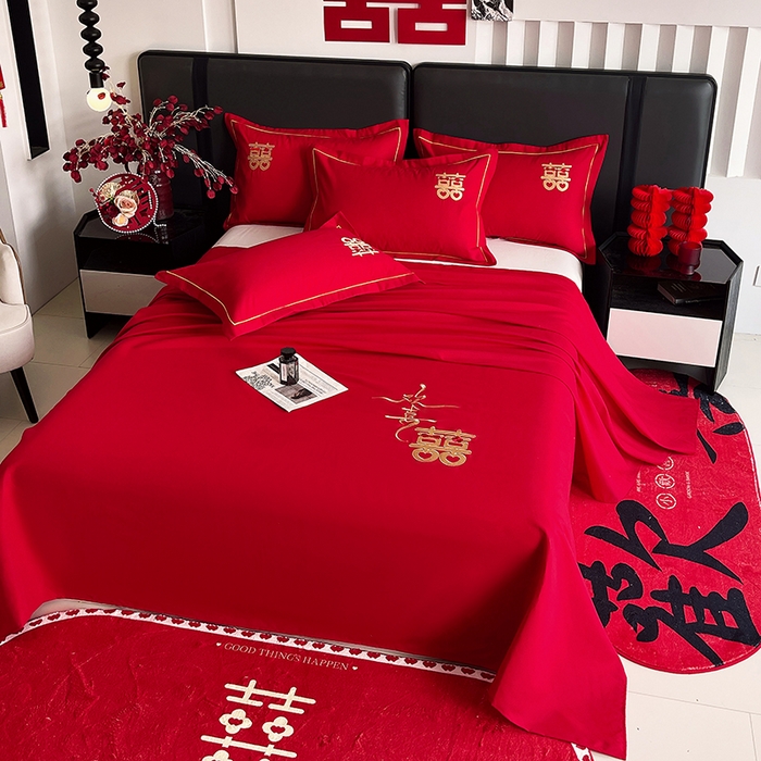 91家纺网 家纺一手货源 找家纺 艾橙家纺 2025新款大红云朵棉刺绣婚庆系列单床单床单单件 吾家有喜