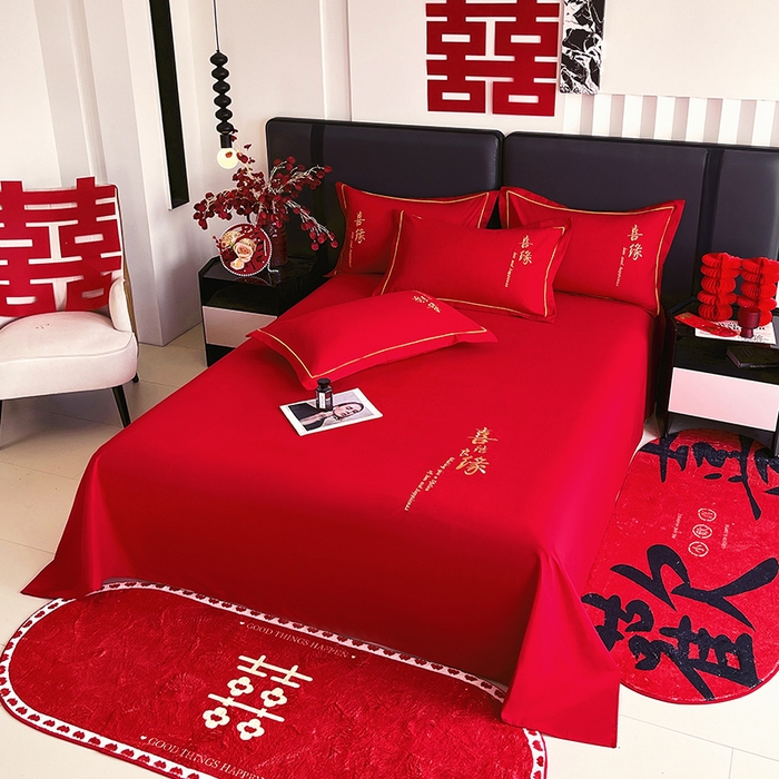 91家纺网 家纺一手货源 找家纺 艾橙家纺 2025新款大红云朵棉刺绣婚庆系列单床单床单单件 喜结良缘