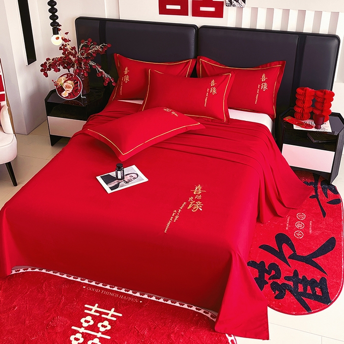 91家纺网 家纺一手货源 找家纺 艾橙家纺 2025新款大红云朵棉刺绣婚庆系列单床单床单单件 喜结良缘