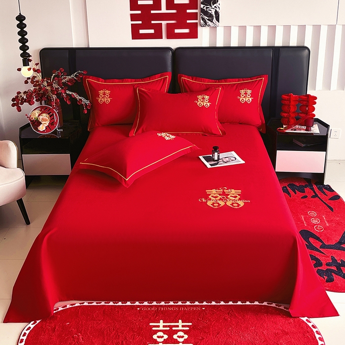 艾橙家纺 2025新款大红云朵棉刺绣婚庆系列单床单床单单件 相爱一生