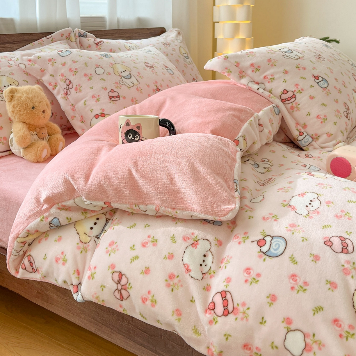 91家纺网 家纺一手货源 找家纺 寻米 2025新款加厚牛奶绒印花床笠-大床牛奶绒床笠一号 玫瑰甜心