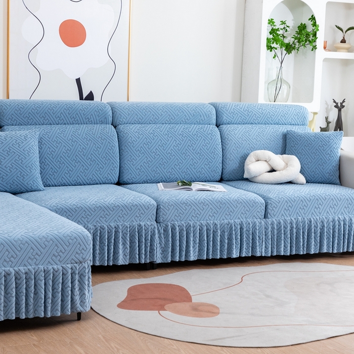 91家纺网 家纺一手货源 找家纺 沐沐家纺 2026新款亲肤舒适雅致裙边沙发笠单品沙发笠单件沙发笠 孔雀蓝