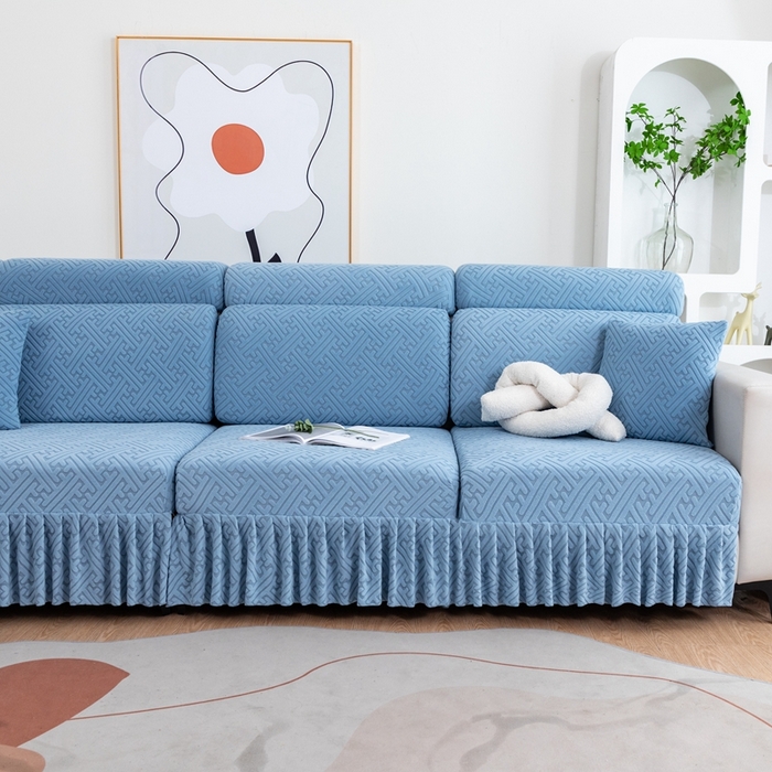 91家纺网 家纺一手货源 找家纺 沐沐家纺 2026新款亲肤舒适雅致裙边沙发笠单品沙发笠单件沙发笠 孔雀蓝