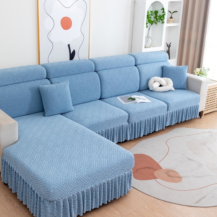 91家纺网 家纺一手货源 找家纺 沐沐家纺 2026新款亲肤舒适雅致裙边沙发笠单品沙发笠单件沙发笠 孔雀蓝