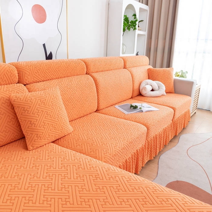 91家纺网 家纺一手货源 找家纺 沐沐家纺 2026新款亲肤舒适雅致裙边沙发笠单品沙发笠单件沙发笠 元气橙