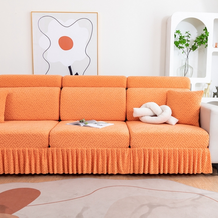 91家纺网 家纺一手货源 找家纺 沐沐家纺 2026新款亲肤舒适雅致裙边沙发笠单品沙发笠单件沙发笠 元气橙