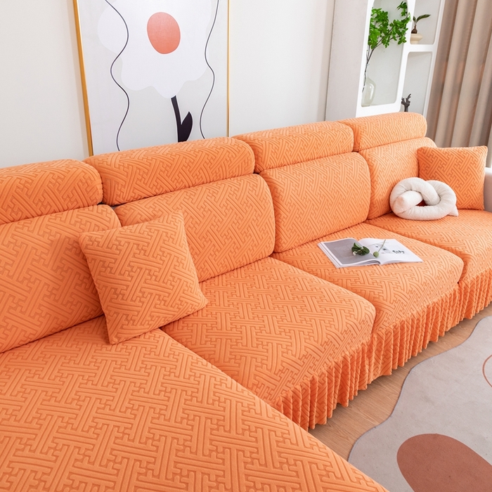 91家纺网 家纺一手货源 找家纺 沐沐家纺 2026新款亲肤舒适雅致裙边沙发笠单品沙发笠单件沙发笠 元气橙