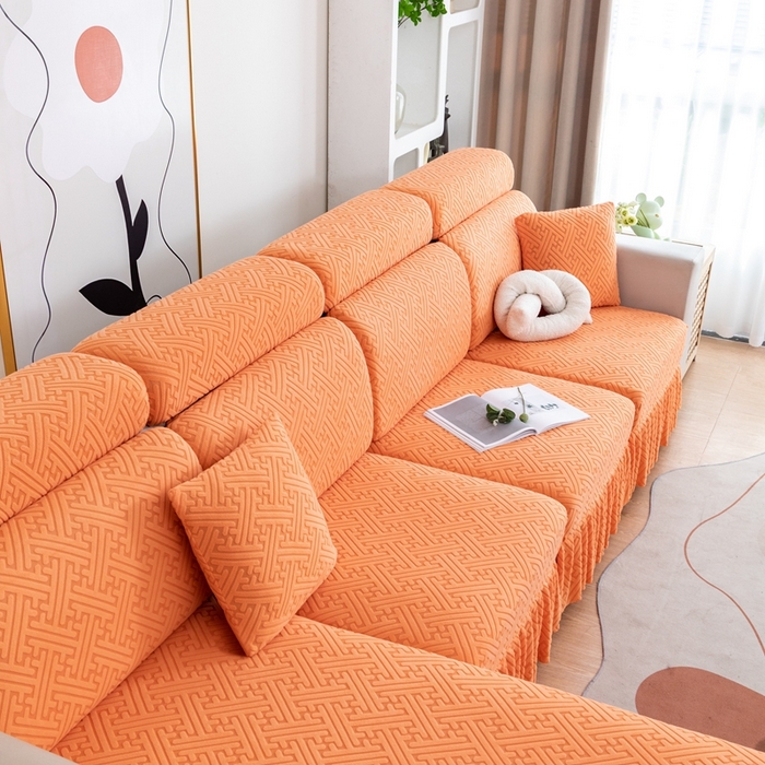 91家纺网 家纺一手货源 找家纺 沐沐家纺 2026新款亲肤舒适雅致裙边沙发笠单品沙发笠单件沙发笠 元气橙