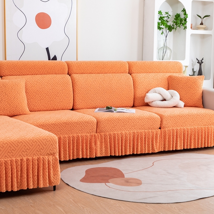 91家纺网 家纺一手货源 找家纺 沐沐家纺 2026新款亲肤舒适雅致裙边沙发笠单品沙发笠单件沙发笠 元气橙