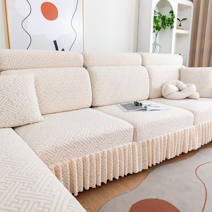 91家纺网 家纺一手货源 找家纺 沐沐家纺 2026新款亲肤舒适雅致裙边沙发笠单品沙发笠单件沙发笠 亚麻白