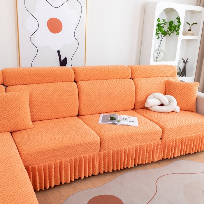 91家纺网 家纺一手货源 找家纺 沐沐家纺 2026新款亲肤舒适雅致裙边沙发笠单品沙发笠单件沙发笠 元气橙