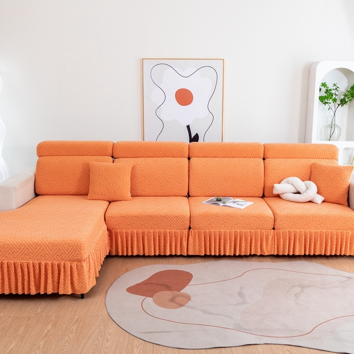 91家纺网 家纺一手货源 找家纺 沐沐家纺 2026新款亲肤舒适雅致裙边沙发笠单品沙发笠单件沙发笠 元气橙