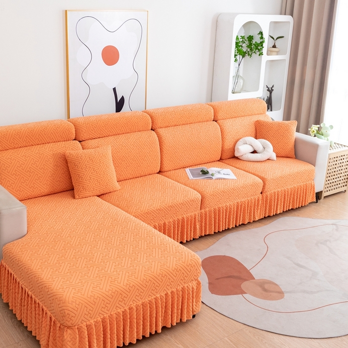 91家纺网 家纺一手货源 找家纺 沐沐家纺 2026新款亲肤舒适雅致裙边沙发笠单品沙发笠单件沙发笠 元气橙