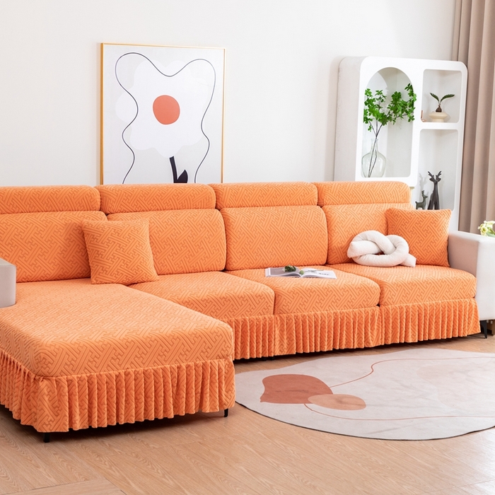 91家纺网 家纺一手货源 找家纺 沐沐家纺 2026新款亲肤舒适雅致裙边沙发笠单品沙发笠单件沙发笠 元气橙