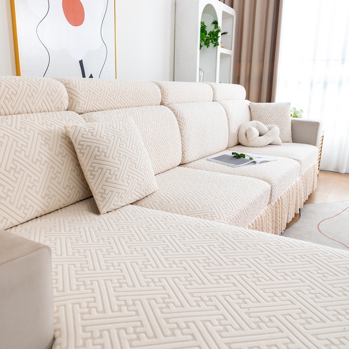 91家纺网 家纺一手货源 找家纺 沐沐家纺 2026新款亲肤舒适雅致裙边沙发笠单品沙发笠单件沙发笠 亚麻白