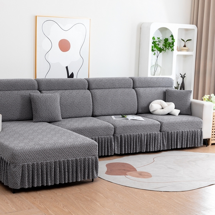 91家纺网 家纺一手货源 找家纺 沐沐家纺 2026新款亲肤舒适雅致裙边沙发笠单品沙发笠单件沙发笠 深空灰