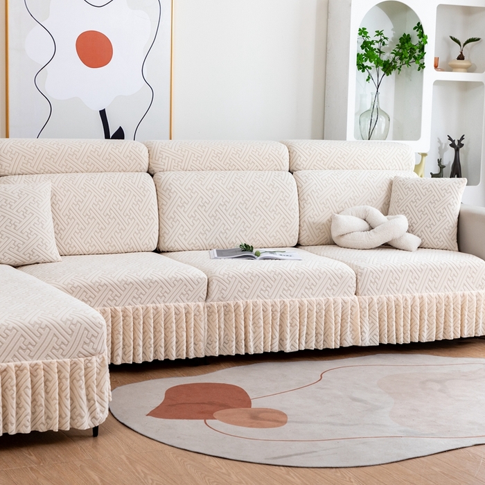 91家纺网 家纺一手货源 找家纺 沐沐家纺 2026新款亲肤舒适雅致裙边沙发笠单品沙发笠单件沙发笠 亚麻白