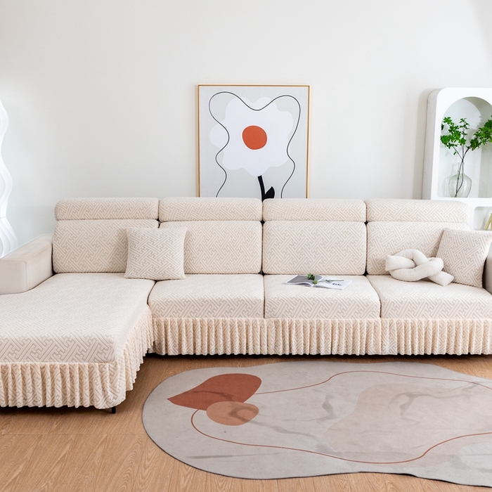 91家纺网 家纺一手货源 找家纺 沐沐家纺 2026新款亲肤舒适雅致裙边沙发笠单品沙发笠单件沙发笠 亚麻白