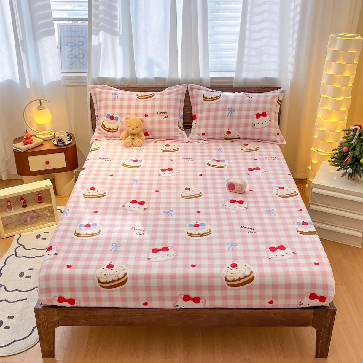 91家纺网 家纺一手货源 找家纺 寻米 2025新款加厚牛奶绒印花床笠-大床牛奶绒床笠一号 小喵浮云卷