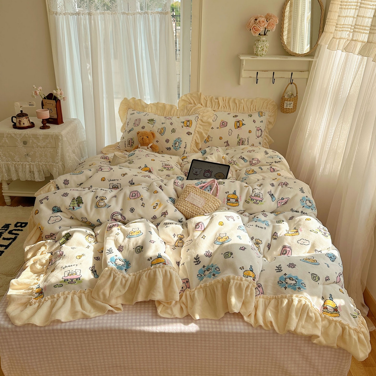 91家纺网 家纺一手货源 找家纺 瑞莱 上新2025年秋冬新款A类200克牛奶绒卡通印花四件套 开心时光