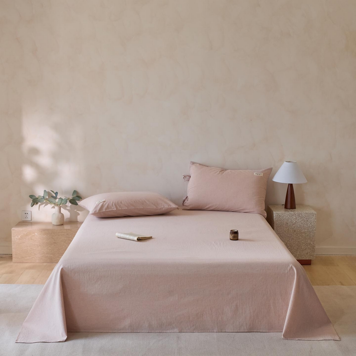 91家纺网 家纺一手货源 找家纺 涵宸家纺 2025新款色织棉麻四件套系列-单床单 棉麻-浅粉