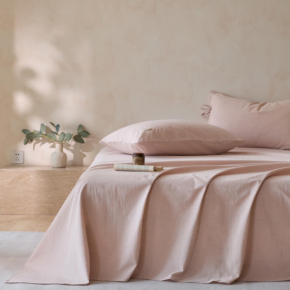 91家纺网 家纺一手货源 找家纺 涵宸家纺 2025新款色织棉麻四件套系列-单床单 棉麻-浅粉