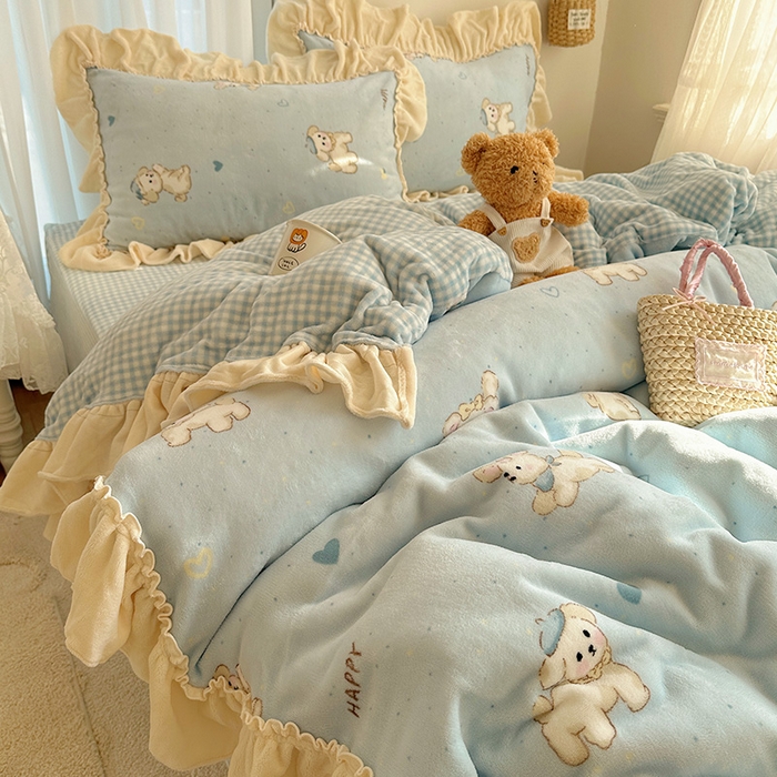 瑞莱 上新2025年秋冬新款A类200克牛奶绒卡通印花四件套 奶团帽子小狗