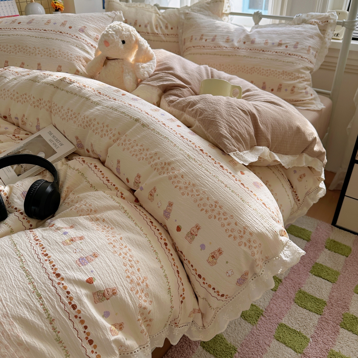 91家纺网 家纺一手货源 找家纺 （总）乐沐家纺 2025新款云感皱皱双层纱全棉镂空花边四件套