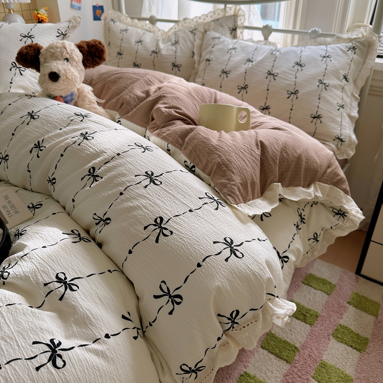 91家纺网 家纺一手货源 找家纺 （总）乐沐家纺 2025新款云感皱皱双层纱全棉镂空花边四件套