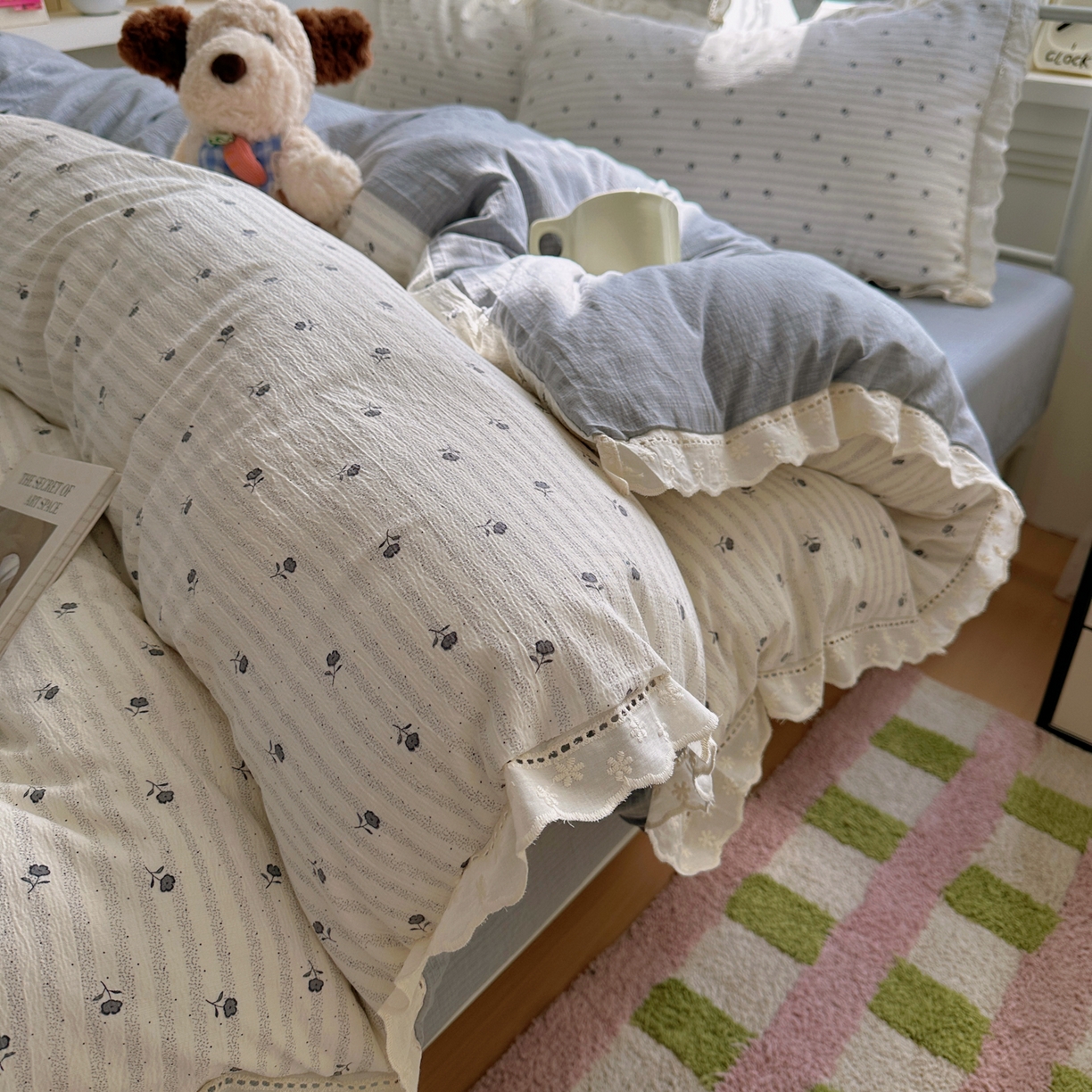 91家纺网 家纺一手货源 找家纺 （总）乐沐家纺 2025新款云感皱皱双层纱全棉镂空花边四件套