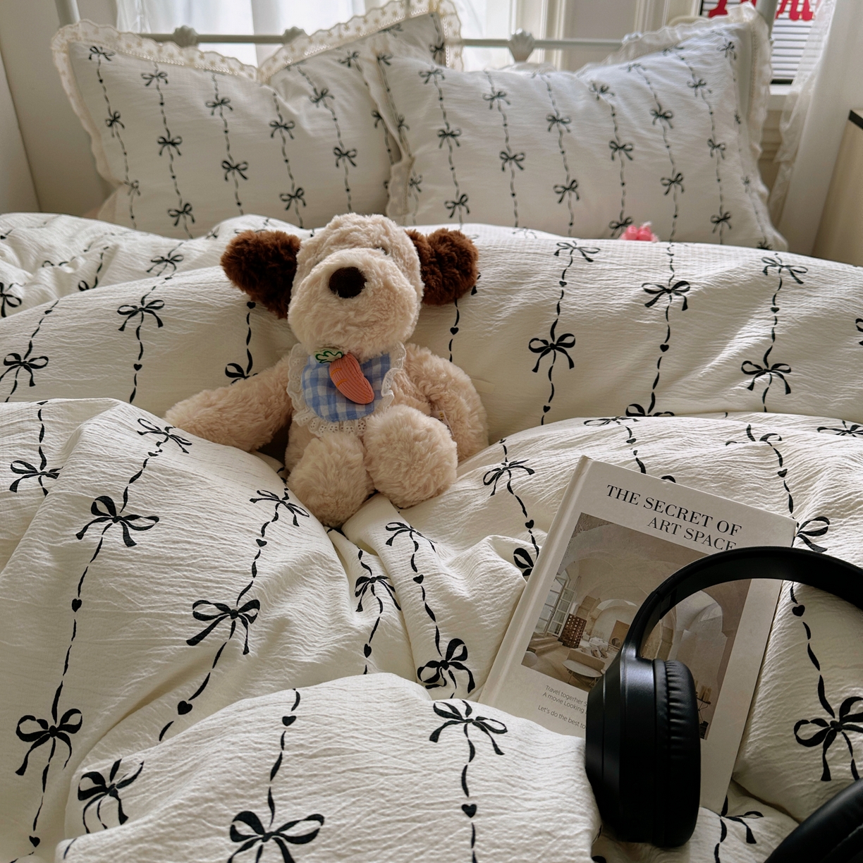 91家纺网 家纺一手货源 找家纺 乐沐家纺 2025新款云感皱皱双层纱全棉镂空花边四件套 倾心