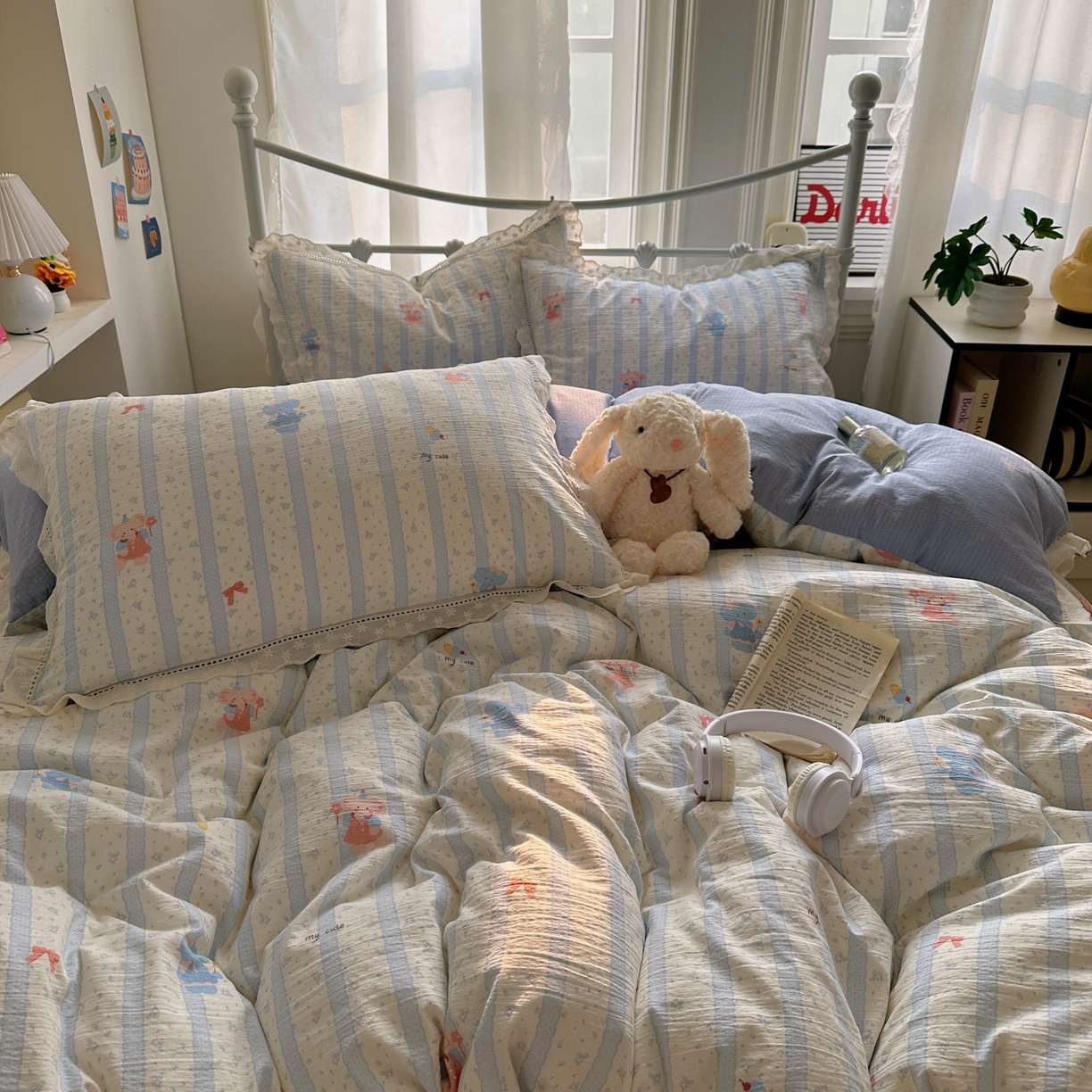 91家纺网 家纺一手货源 找家纺 乐沐家纺 2025新款云感皱皱双层纱全棉镂空花边四件套 泡芙小象