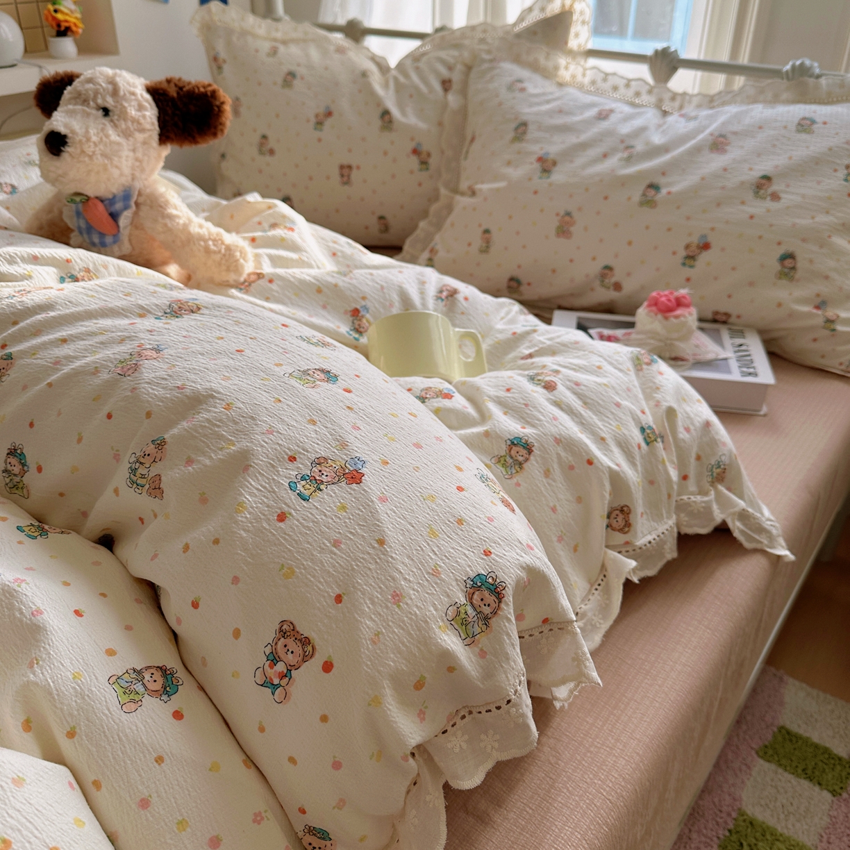 91家纺网 家纺一手货源 找家纺 （总）乐沐家纺 2025新款云感皱皱双层纱全棉镂空花边四件套