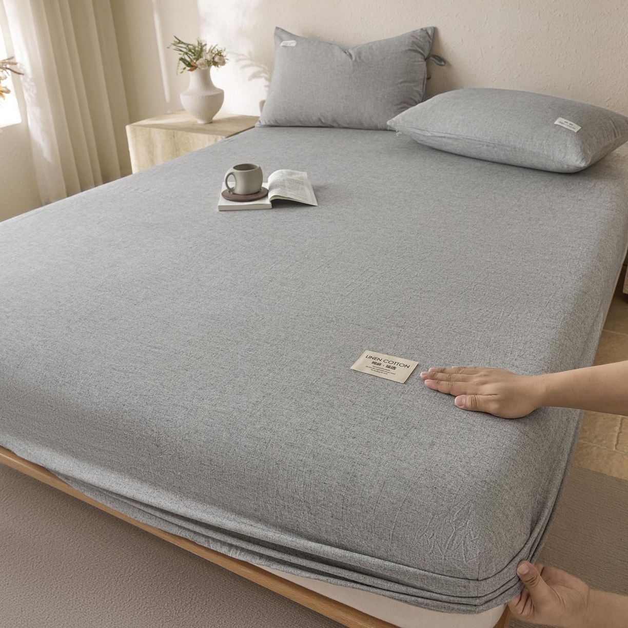 91家纺网 家纺一手货源 找家纺 涵宸家纺 2025新款色织棉麻四件套系列-单床笠 棉麻-灰