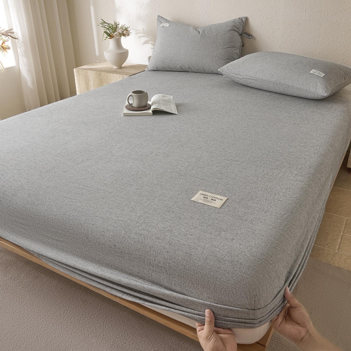 91家纺网 家纺一手货源 找家纺 涵宸家纺 2025新款色织棉麻四件套系列-单床笠 棉麻-灰