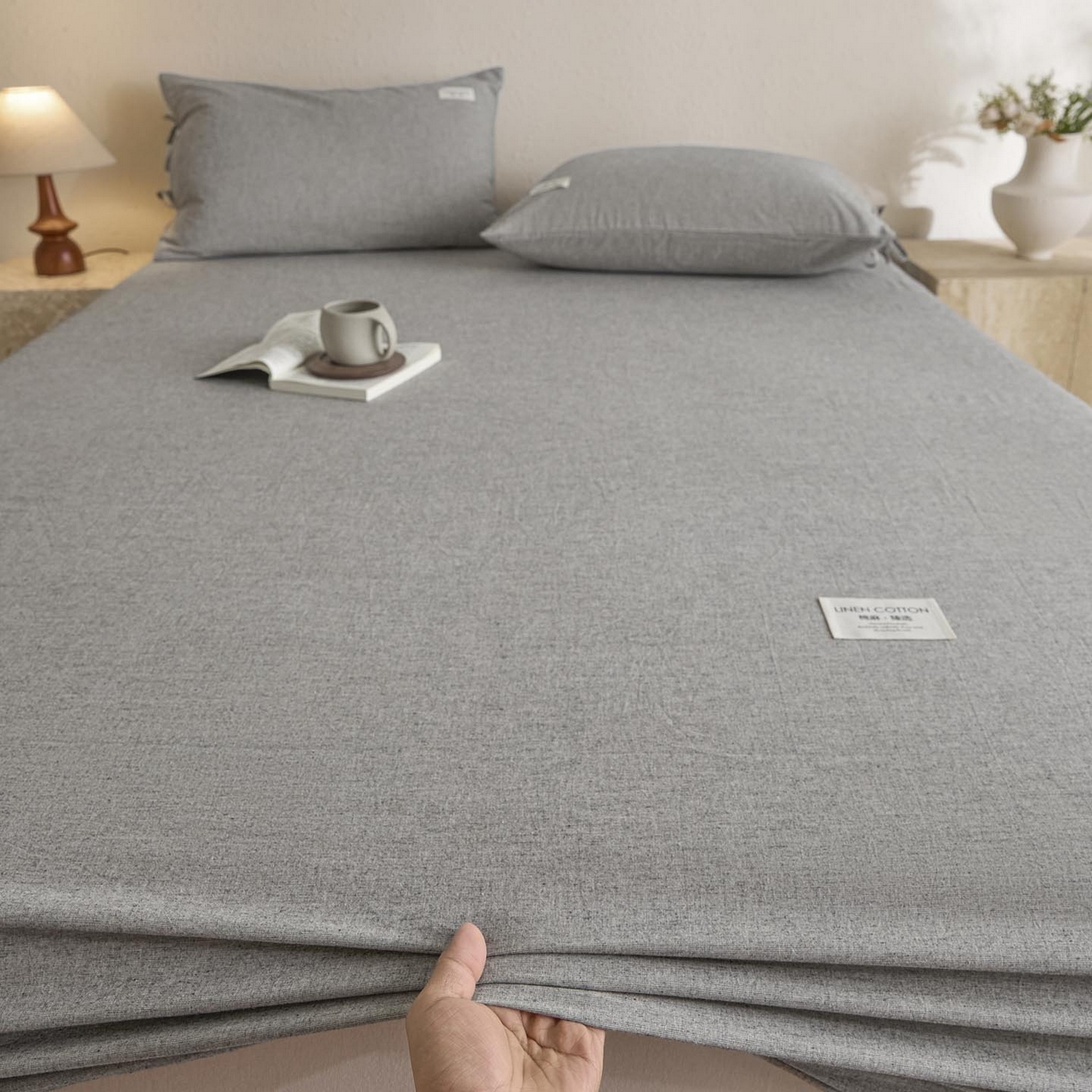 91家纺网 家纺一手货源 找家纺 涵宸家纺 2025新款色织棉麻四件套系列-单床笠 棉麻-灰