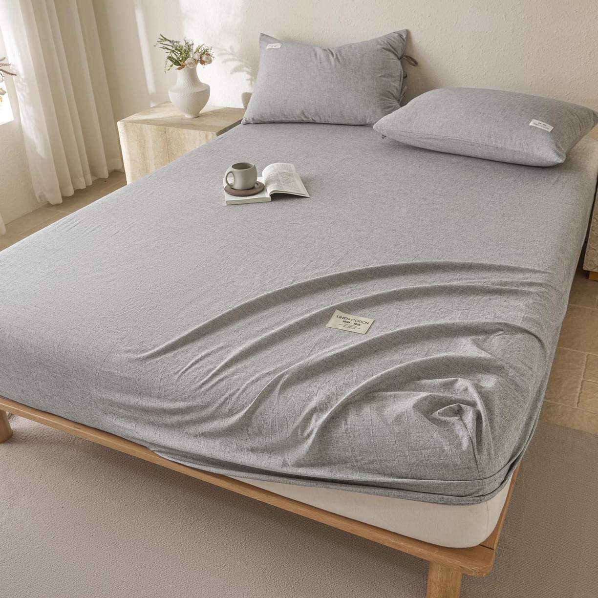 91家纺网 家纺一手货源 找家纺 涵宸家纺 2025新款色织棉麻四件套系列-单床笠 棉麻-灰