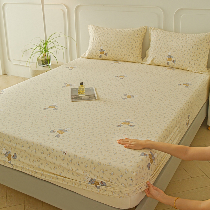 斯卡诺家纺 2025新款秋冬爆款古法水洗棉单床笠床笠三件套枕套 花丛小熊-床笠