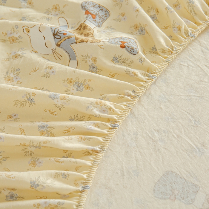 91家纺网 家纺一手货源 找家纺 斯卡诺家纺 2025新款秋冬爆款古法水洗棉单床笠床笠三件套枕套 花丛小熊-床笠