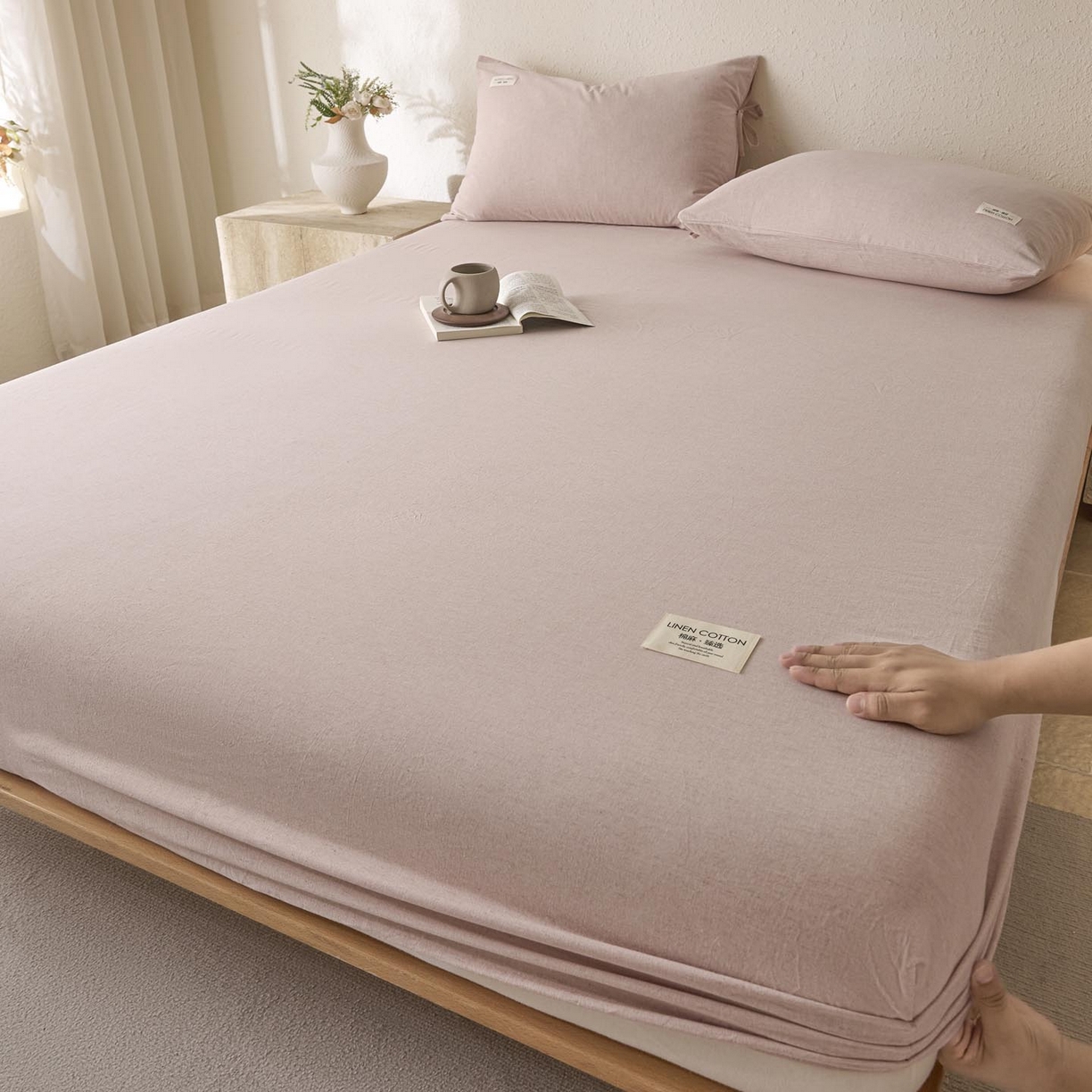 91家纺网 家纺一手货源 找家纺 涵宸家纺 2025新款色织棉麻四件套系列-单床笠 棉麻-浅粉