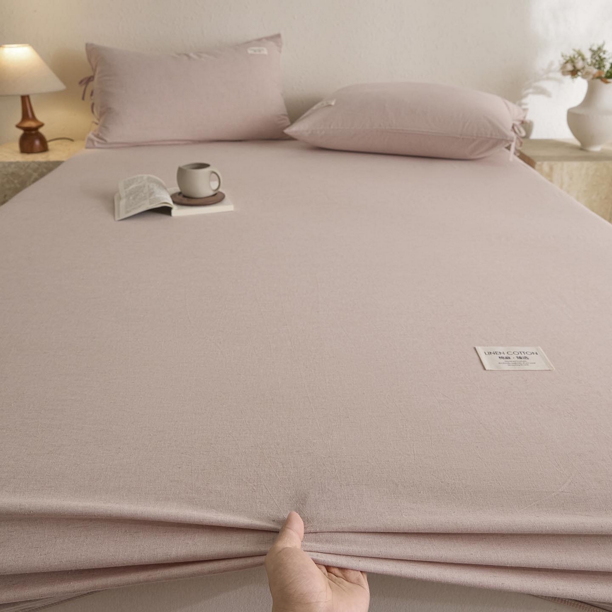 91家纺网 家纺一手货源 找家纺 涵宸家纺 2025新款色织棉麻四件套系列-单床笠 棉麻-浅粉