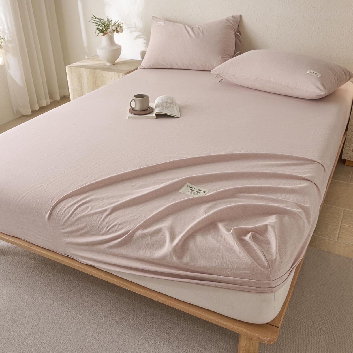 91家纺网 家纺一手货源 找家纺 涵宸家纺 2025新款色织棉麻四件套系列-单床笠 棉麻-浅粉