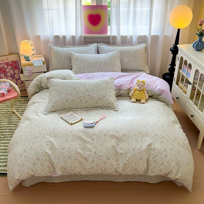 拾物记 2025新款A类12868全棉纯棉四件套-提供买家秀和质检报告 浅夏雏菊-绿