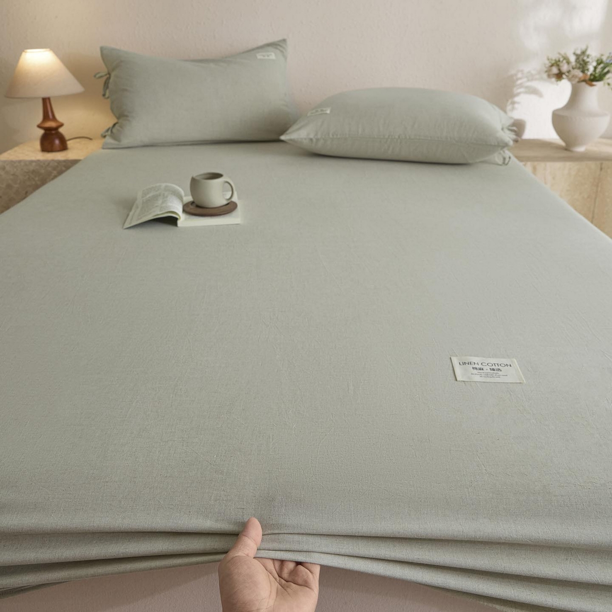 91家纺网 家纺一手货源 找家纺 涵宸家纺 2025新款色织棉麻四件套系列-单床笠 棉麻-浅绿