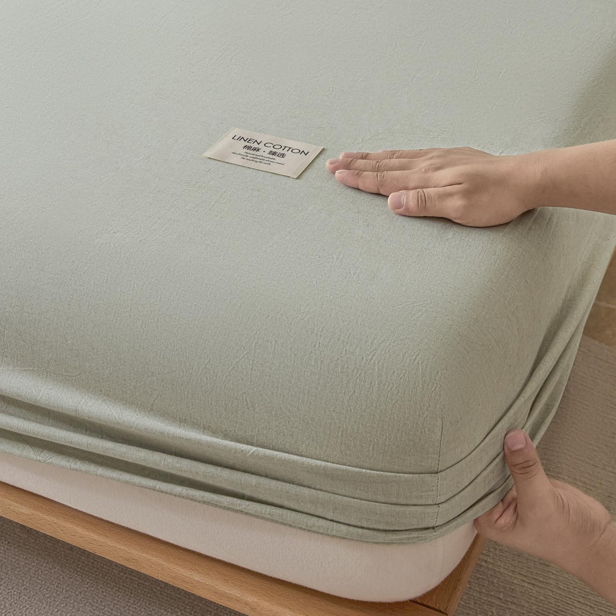 91家纺网 家纺一手货源 找家纺 涵宸家纺 2025新款色织棉麻四件套系列-单床笠 棉麻-浅绿