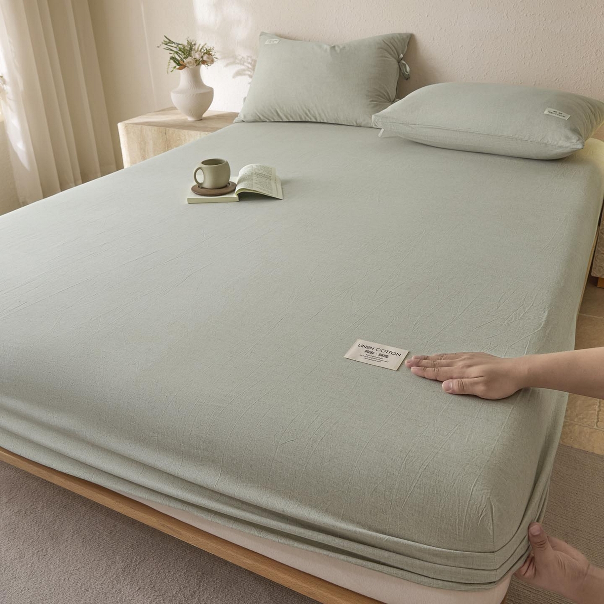 91家纺网 家纺一手货源 找家纺 涵宸家纺 2025新款色织棉麻四件套系列-单床笠 棉麻-浅绿