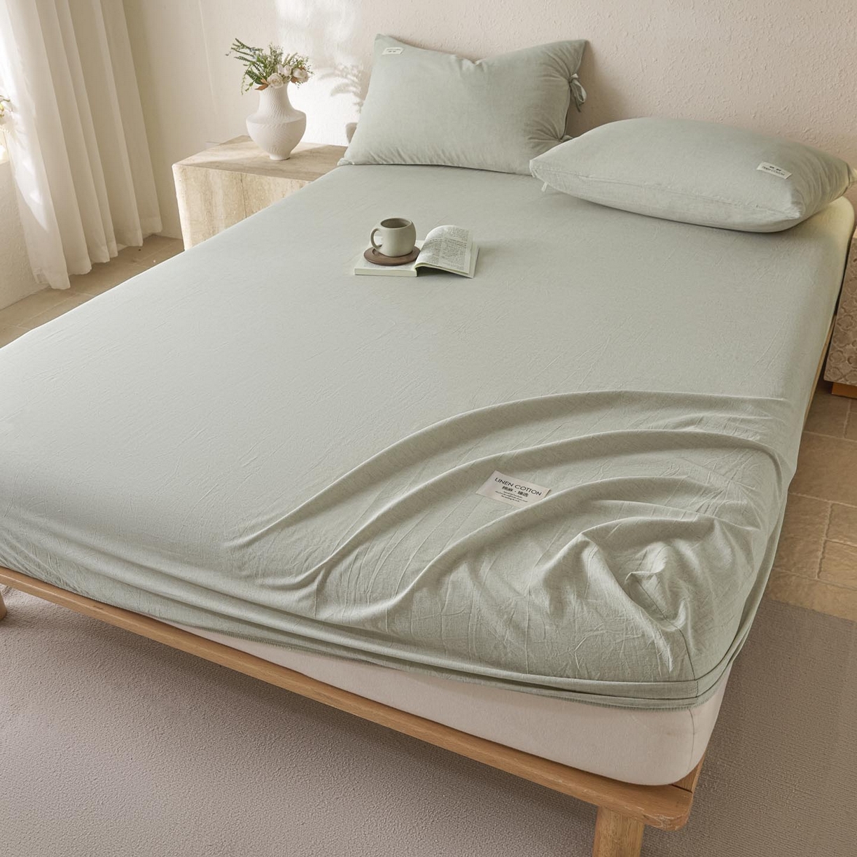 91家纺网 家纺一手货源 找家纺 涵宸家纺 2025新款色织棉麻四件套系列-单床笠 棉麻-浅绿