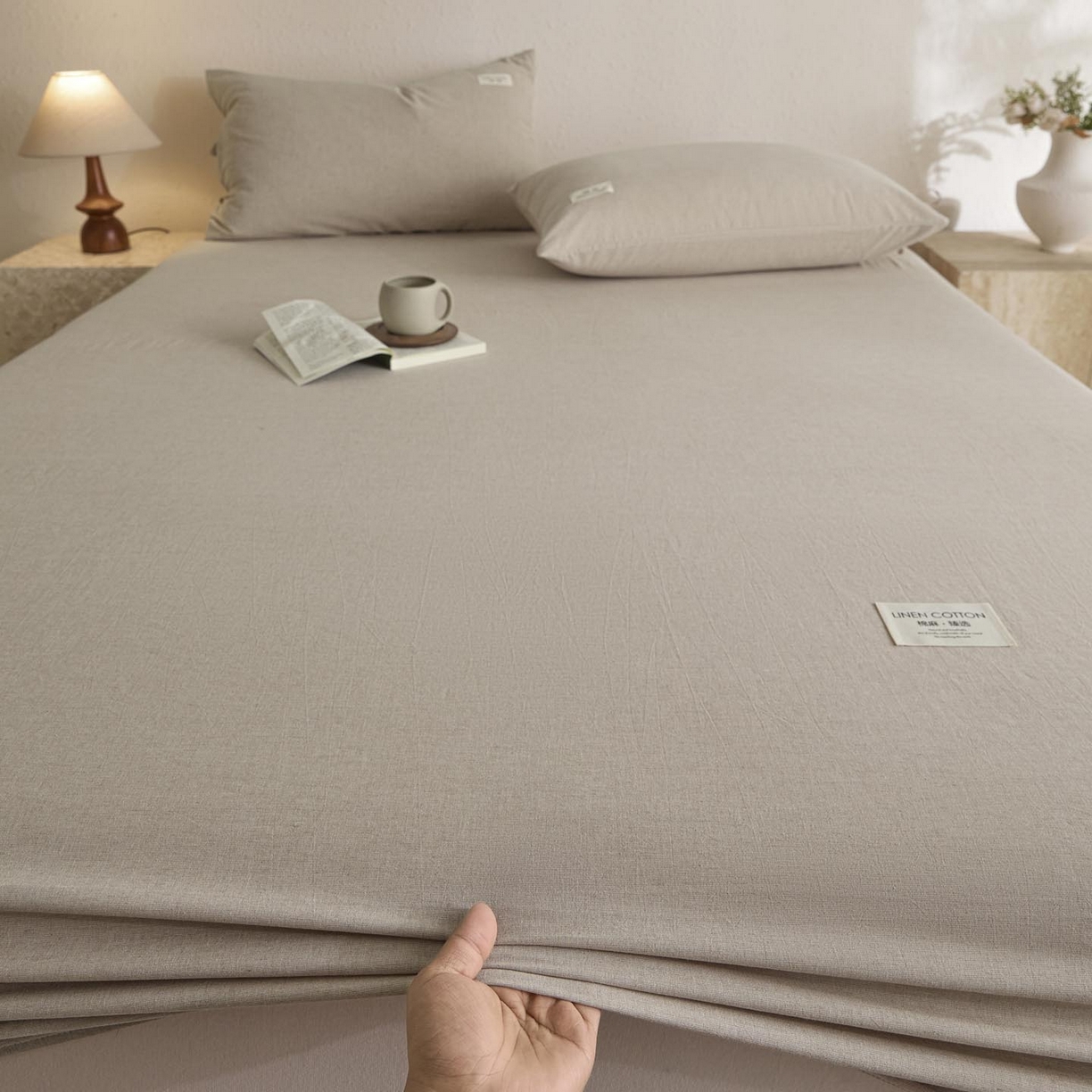 91家纺网 家纺一手货源 找家纺 涵宸家纺 2025新款色织棉麻四件套系列-单床笠 棉麻-浅驼